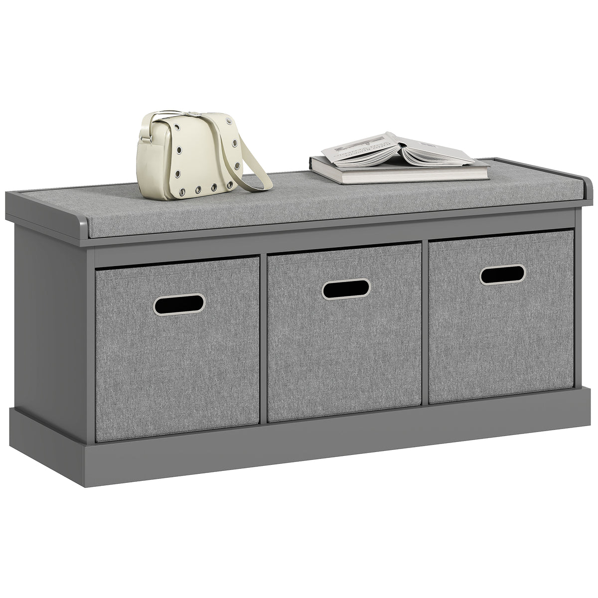 Dark Grey Shoe Storage Bench | 41.3" Entryway Bench with Cushion and Fabric Drawers