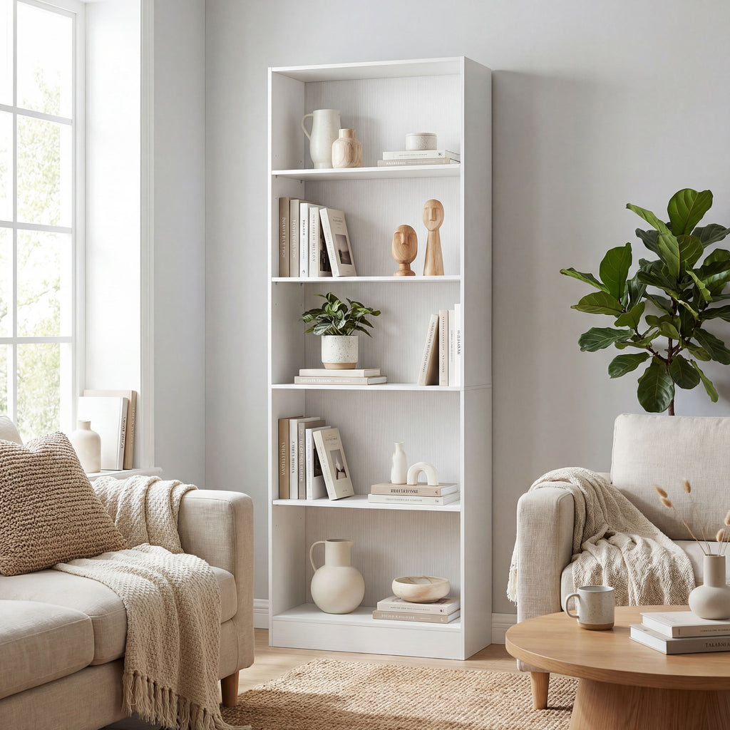 White 5-Tier Bookcase | 69.3" Tall Adjustable Shelf Storage Unit