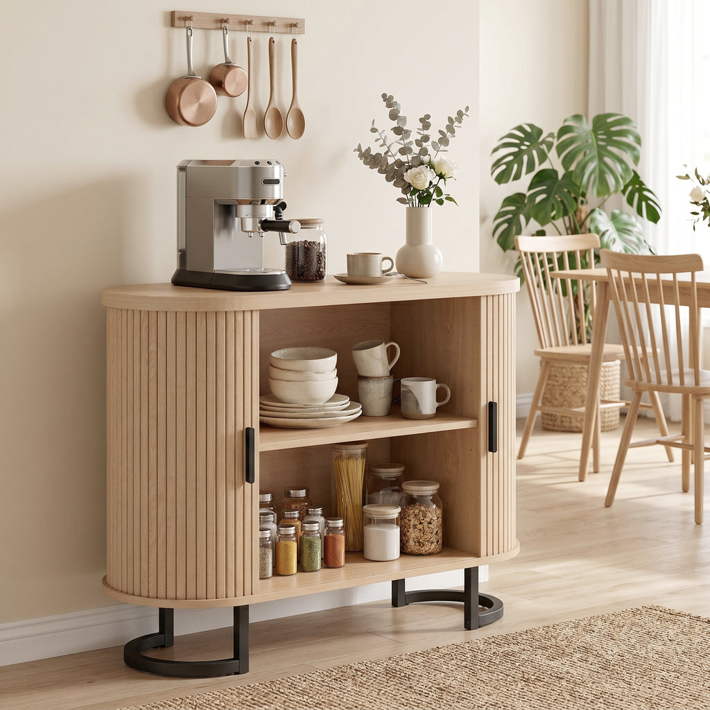 Natural Wood Sideboard Buffet Cabinet with Curved Tambour Doors - front view
