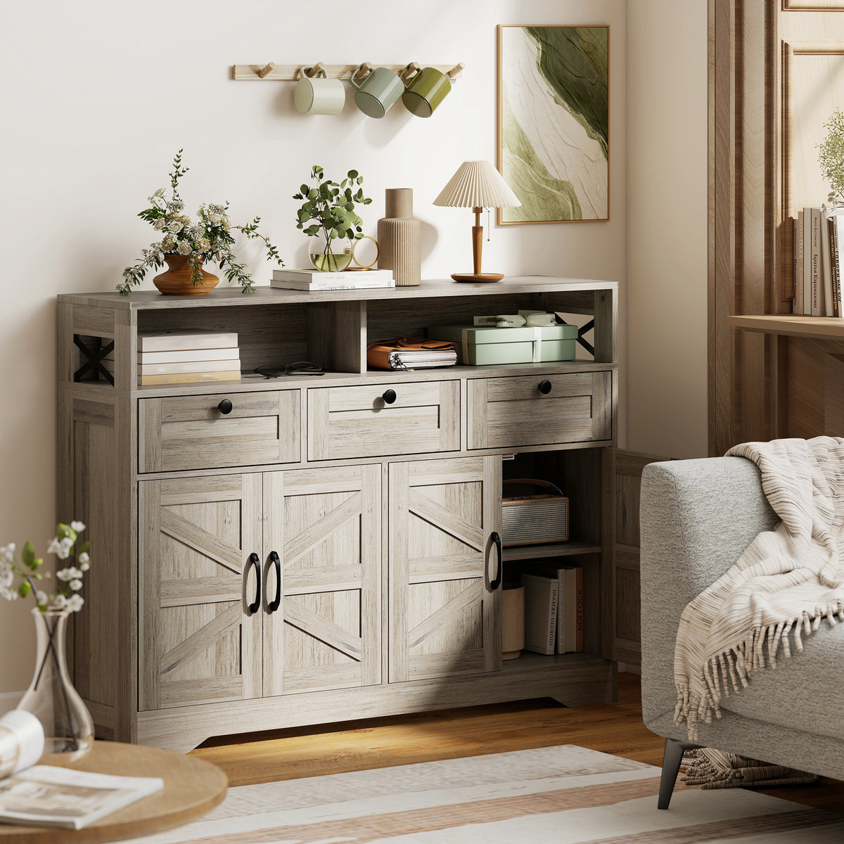 Grey Barn Door Sideboard | 47.2" Buffet Cabinet with Drawers and Adjustable Shelves