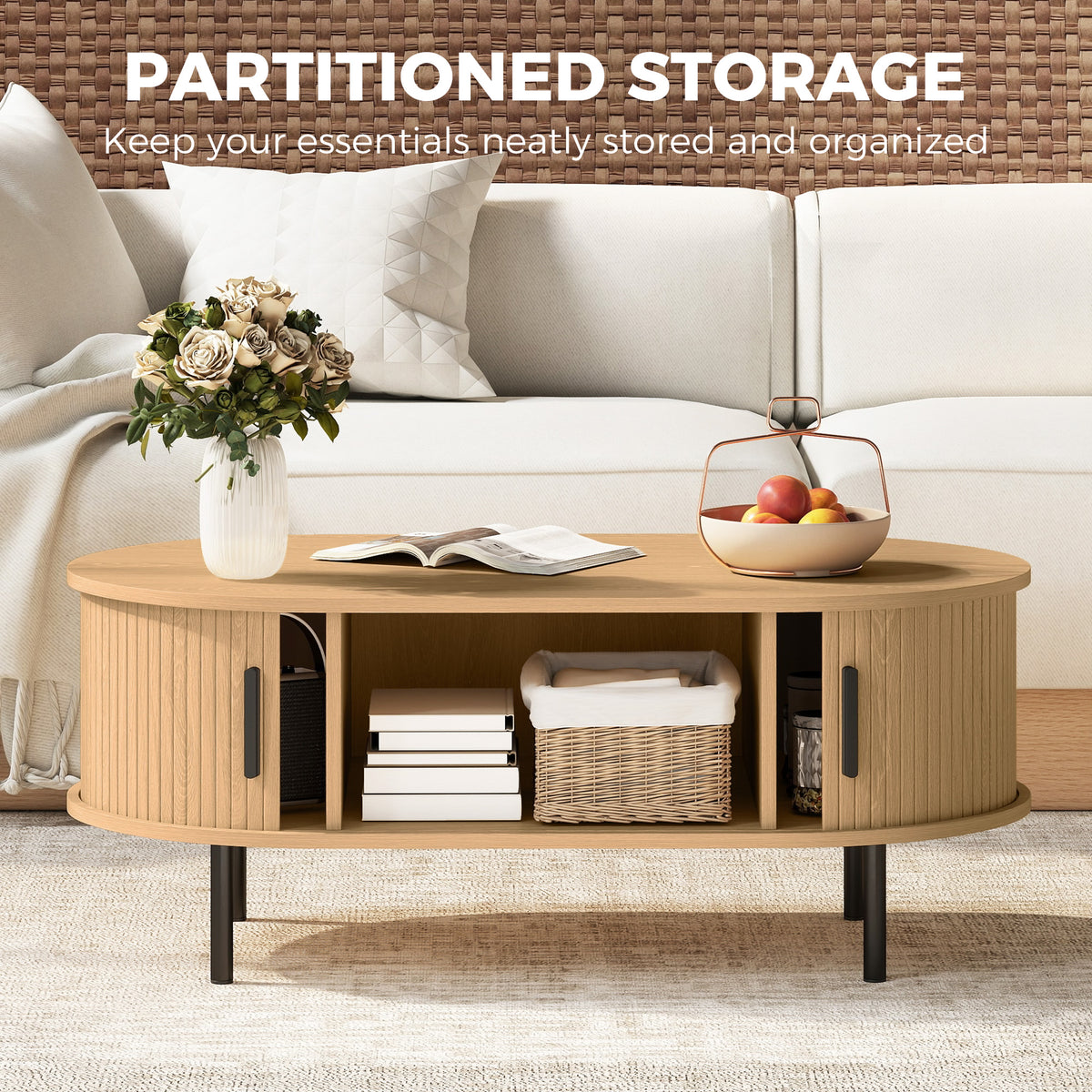 Natural Wood Coffee Table with Sliding Tambour Doors - detail view 2
