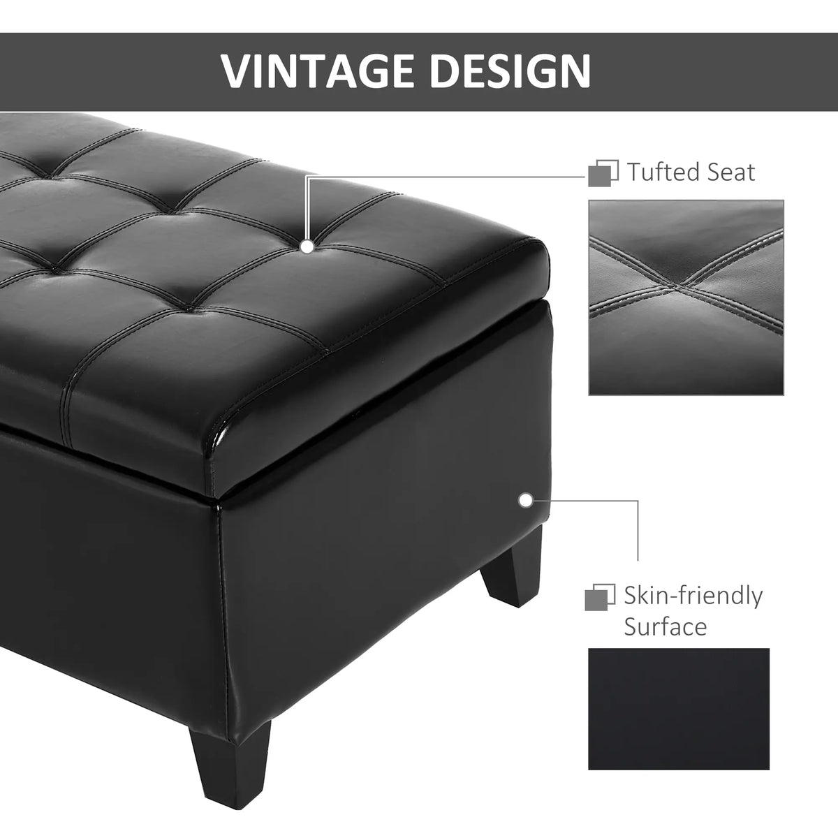 Black Tufted Storage Ottoman Bench | 51-Inch Entryway & Bedroom Seat