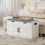 White Shoe Storage Bench | 2-Cabinet Farmhouse Bench with Cushion