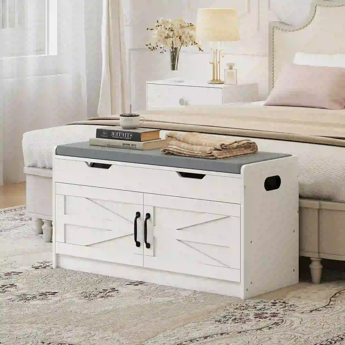 White Shoe Storage Bench | 2-Cabinet Farmhouse Bench with Cushion