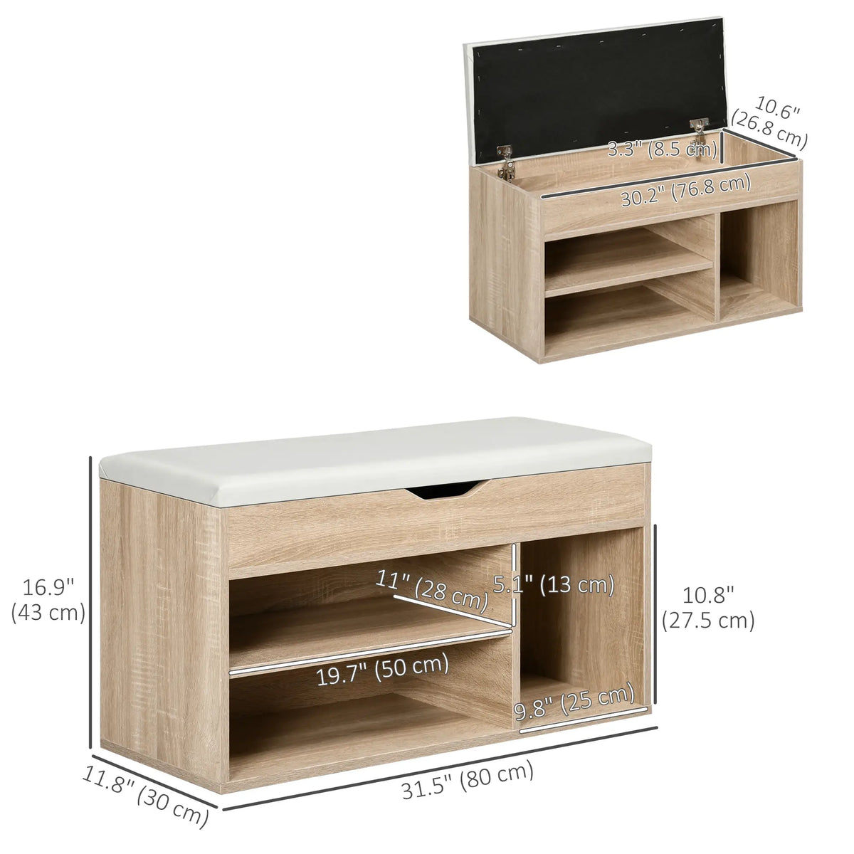 Natural Wood Shoe Bench | Compact Cushioned Storage Bench