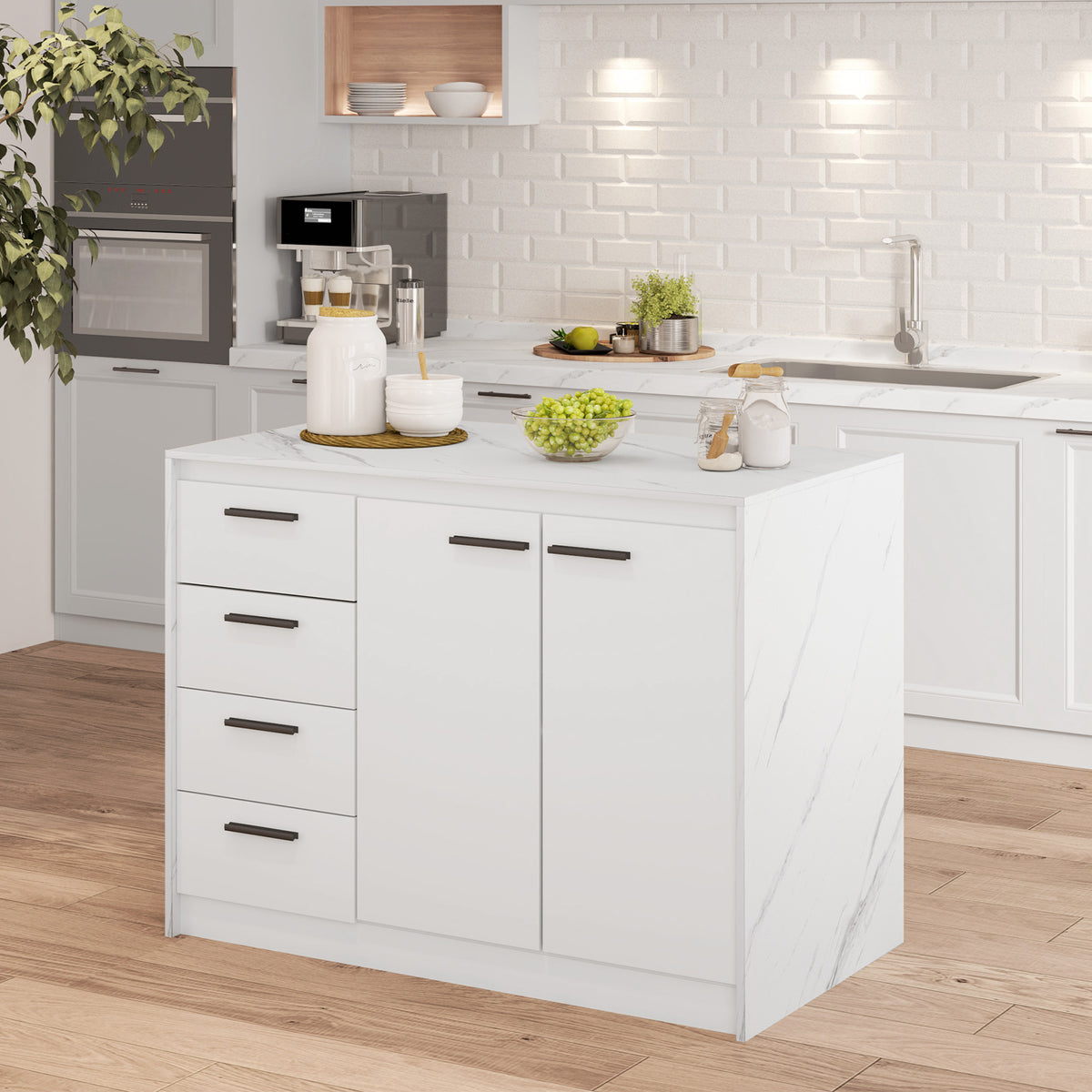 White Faux Marble Kitchen Island | 45.7" Storage Cabinet with 4 Drawers