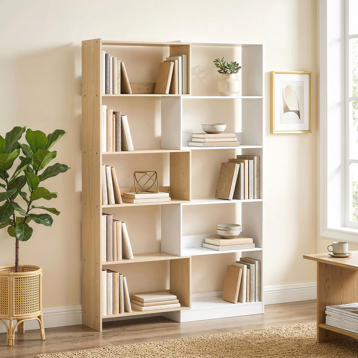 Fruitwood and White Corner Bookshelf - front view