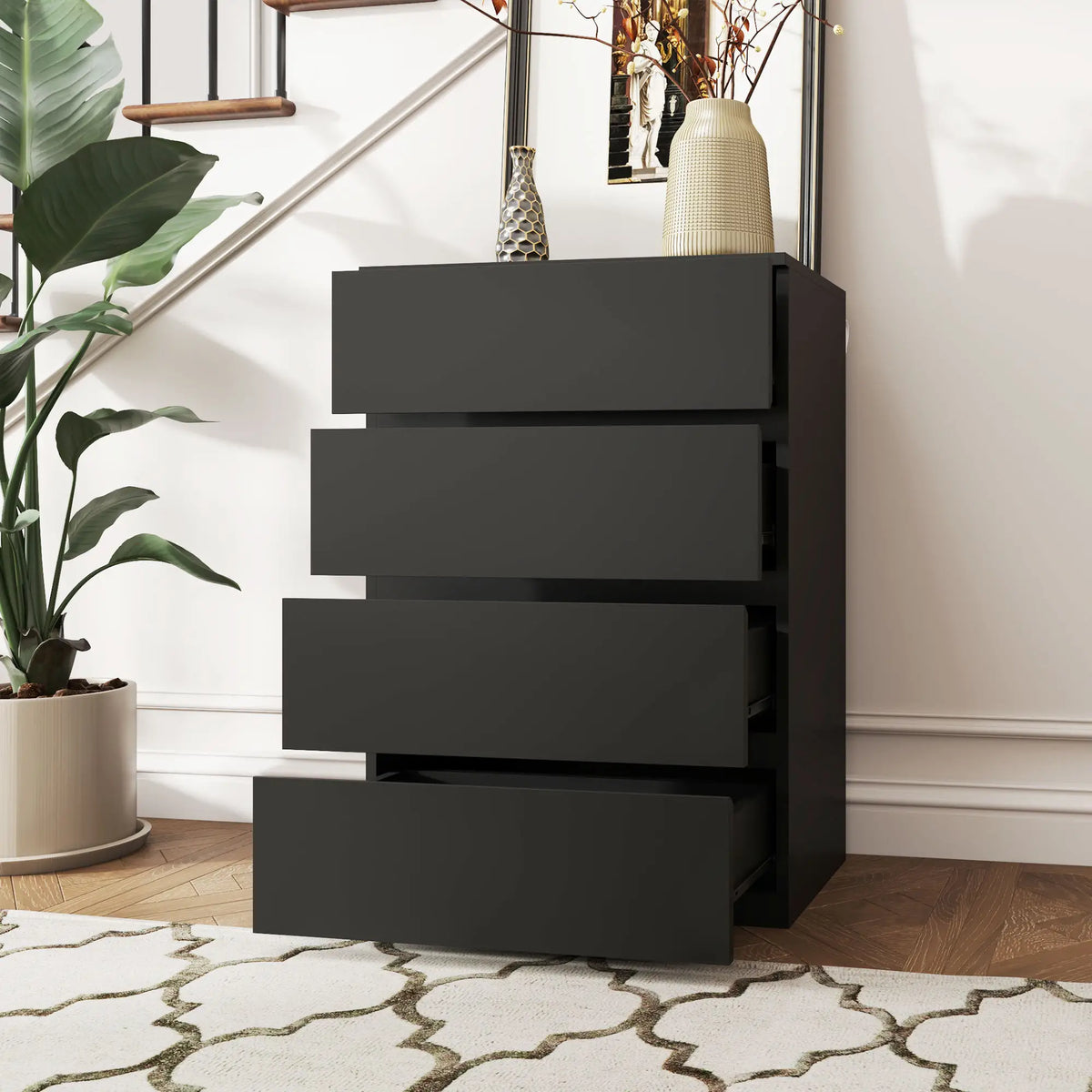 Black Chest of Drawers | Slim 4-Drawer Storage Dresser
