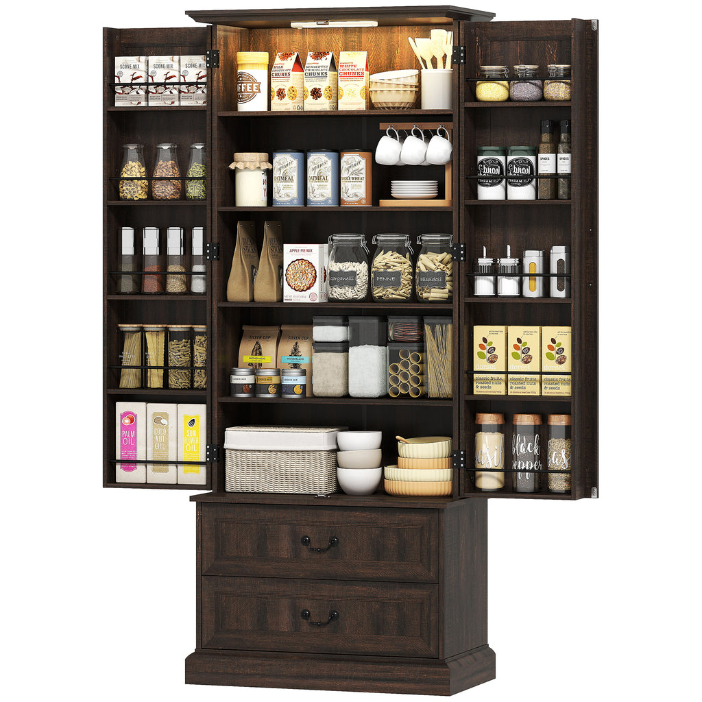 Brown 72" LED Kitchen Pantry Cabinet | Buffet Storage with 10 Door Shelves