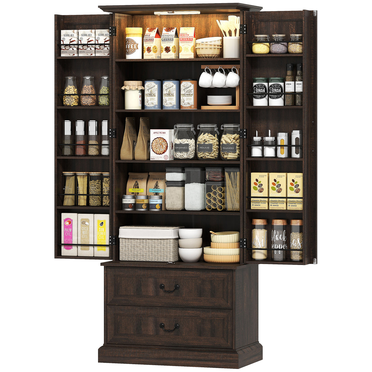 Brown 72" LED Kitchen Pantry Cabinet | Buffet Storage with 10 Door Shelves