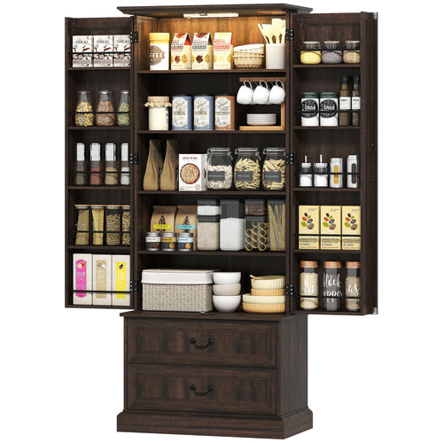 Brown 72" LED Kitchen Pantry Cabinet | Buffet Storage with 10 Door Shelves