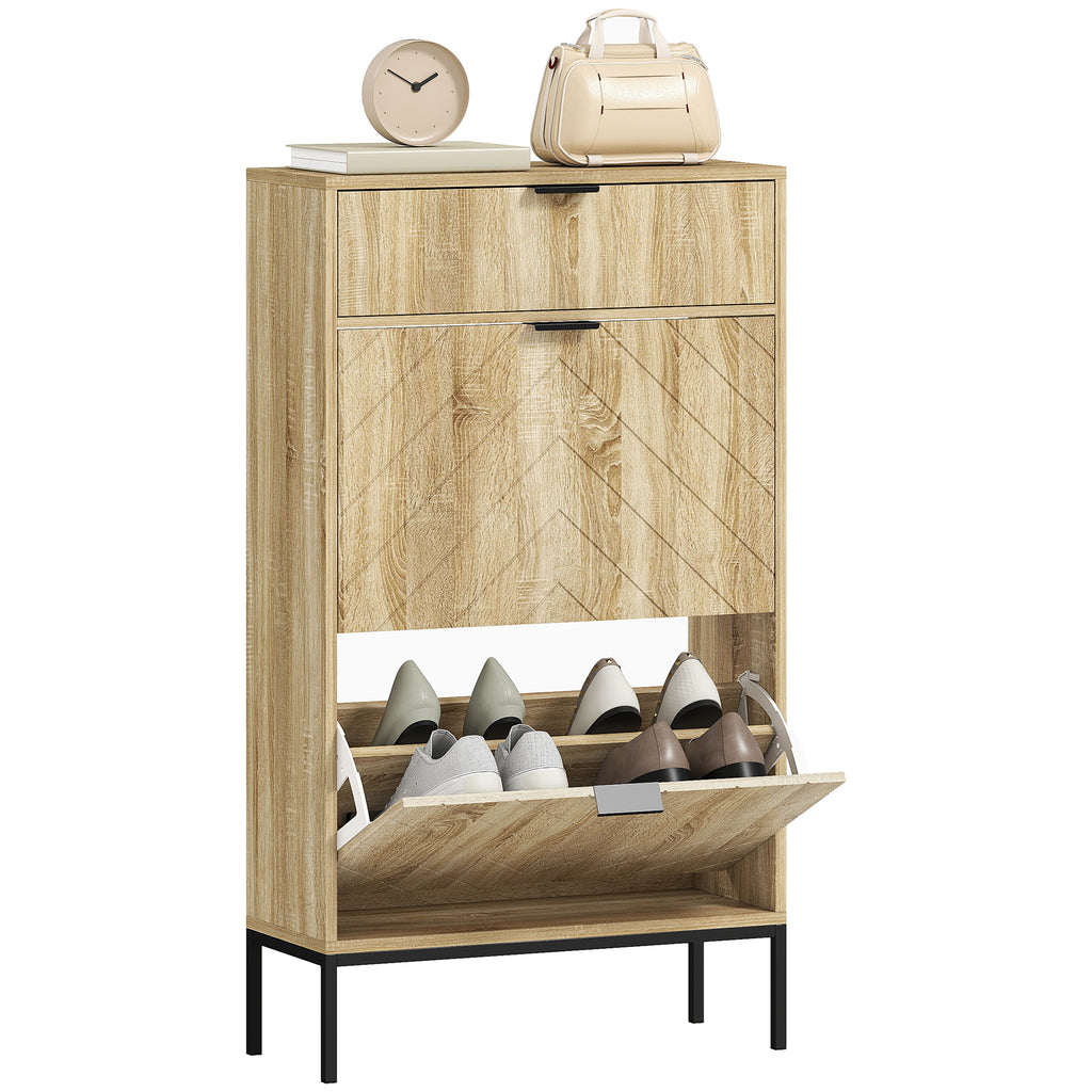 Oak Narrow Shoe Storage Cabinet | 41.5" Entryway Cabinet with Flip Drawers, Holds 8 Pairs