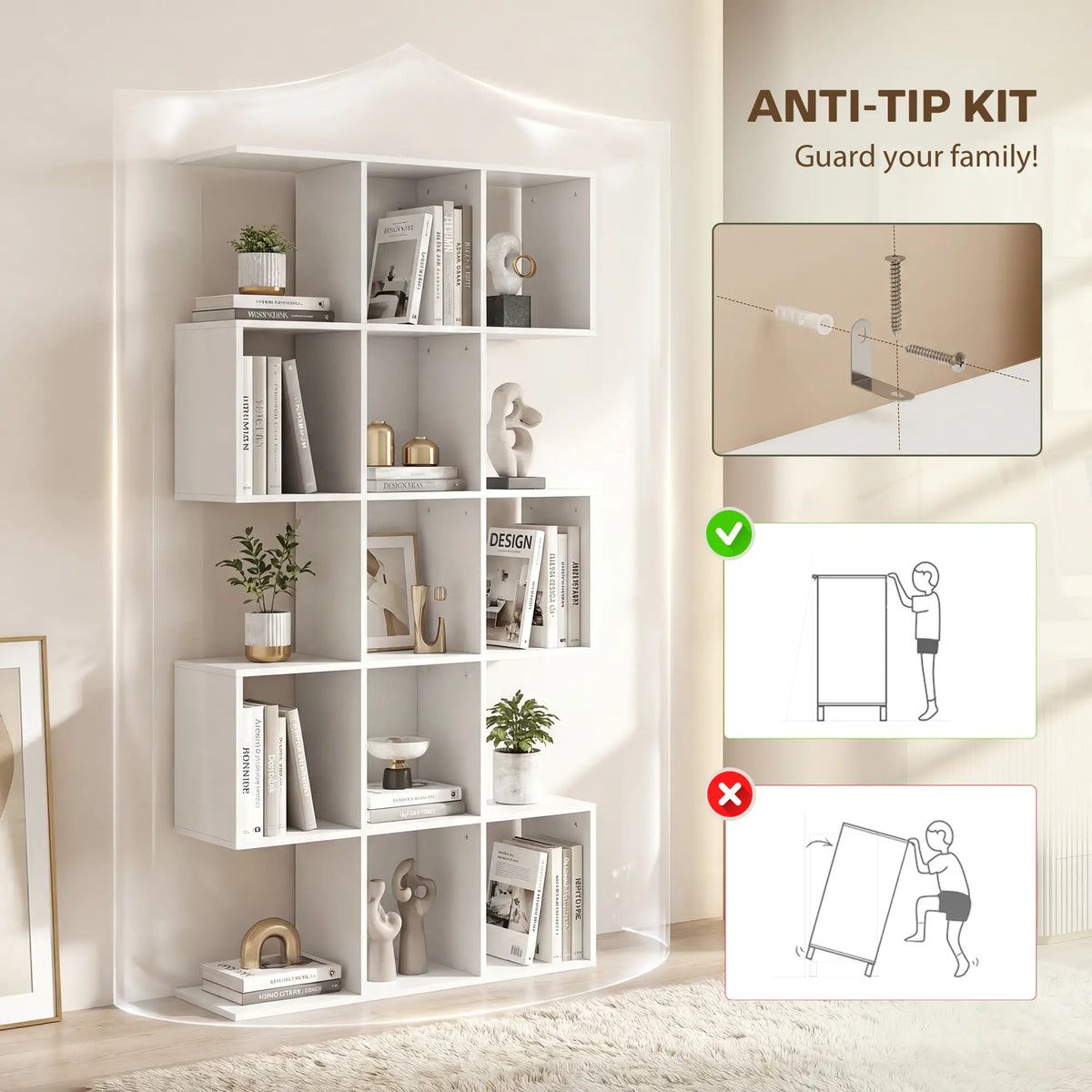 White Geometric Bookshelf | Multi-Level Open Storage Shelf