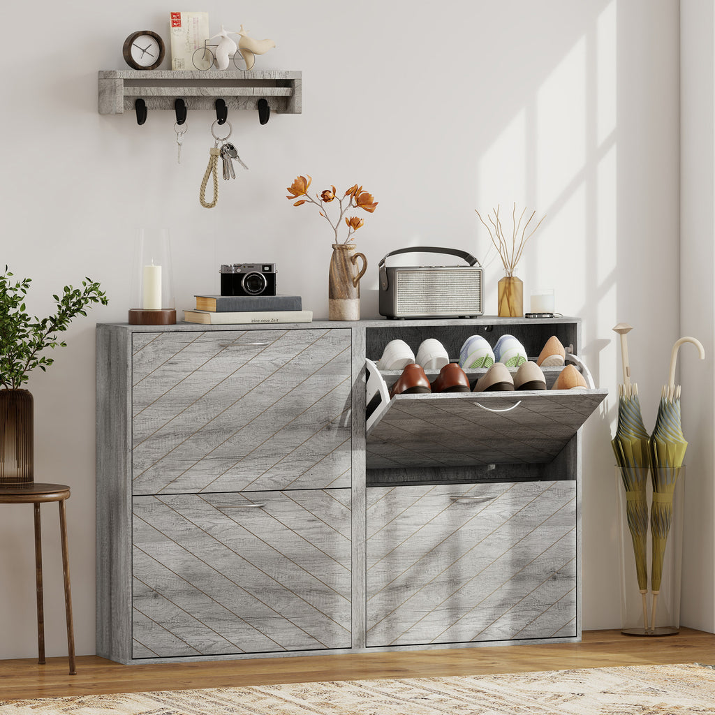 Grey Shoe Storage Cabinet | 45.5" Wide Entryway Cabinet with 4 Flip Drawers