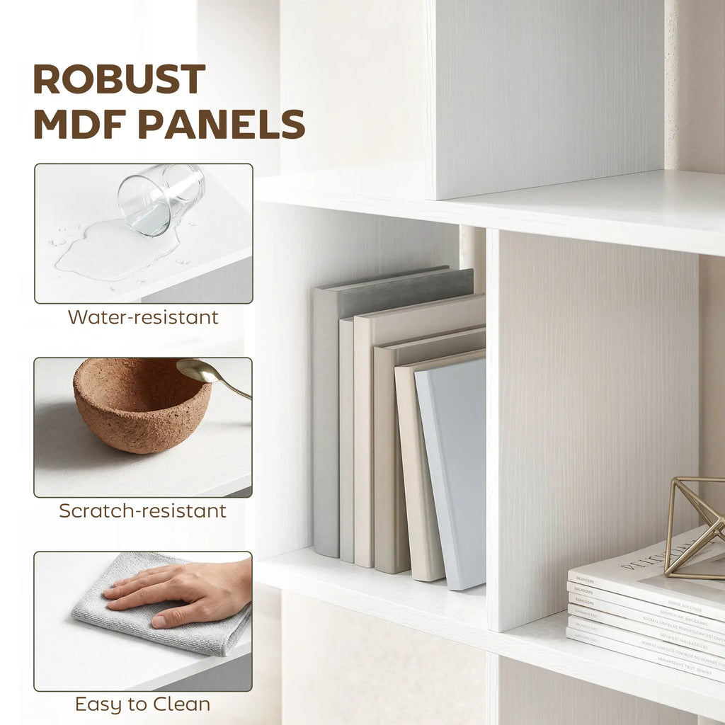 White Geometric Bookshelf | Multi-Level Open Storage Shelf