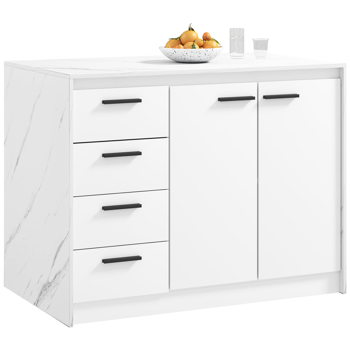 White Faux Marble Kitchen Island | 45.7" Storage Cabinet with 4 Drawers