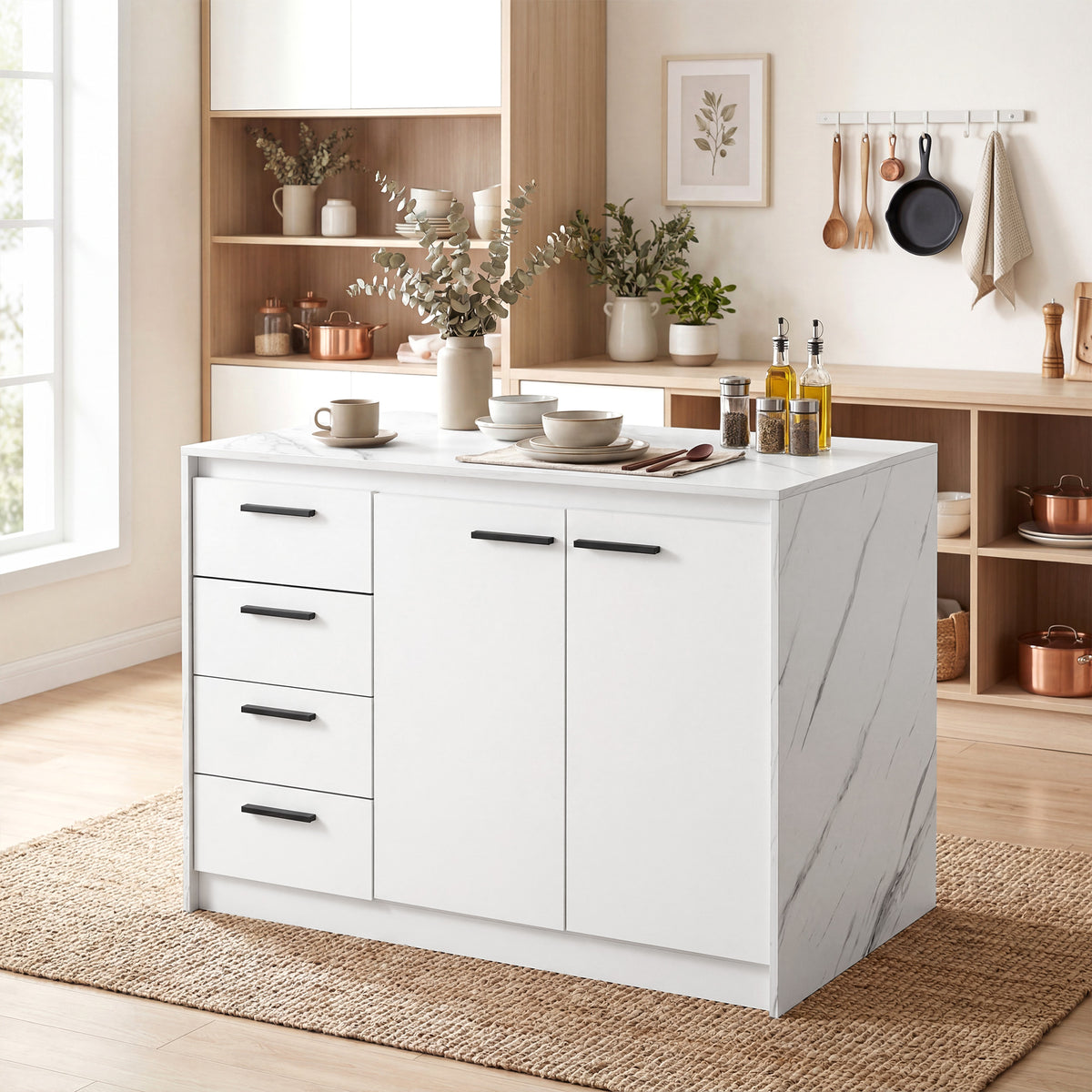 White Faux Marble Kitchen Island | 45.7" Storage Cabinet with 4 Drawers