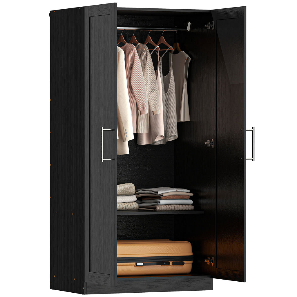 Black Wood-Effect Wardrobe | 63" Tall Armoire Closet with 2 Doors and Hanging Rod