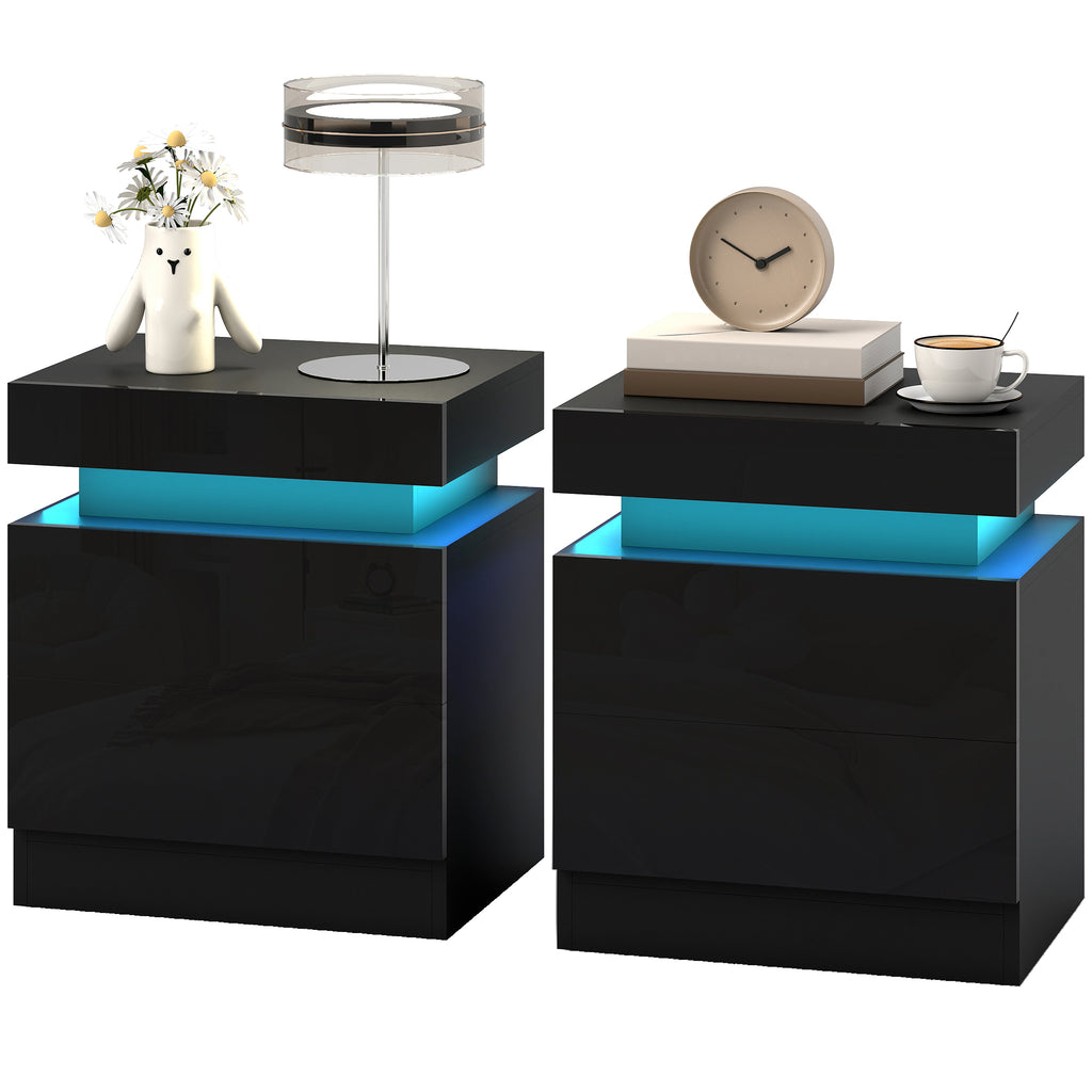 Black Nightstand Set of 2 | 20.5" LED Bedside Tables with Drawers