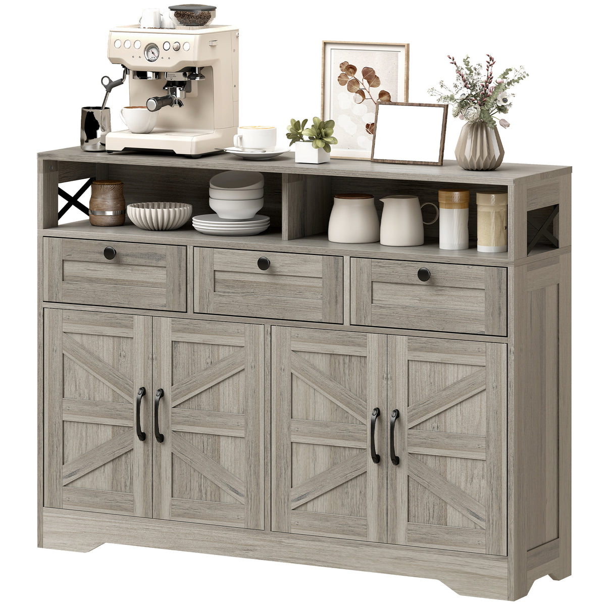 Grey Barn Door Sideboard | 47.2" Buffet Cabinet with Drawers and Adjustable Shelves