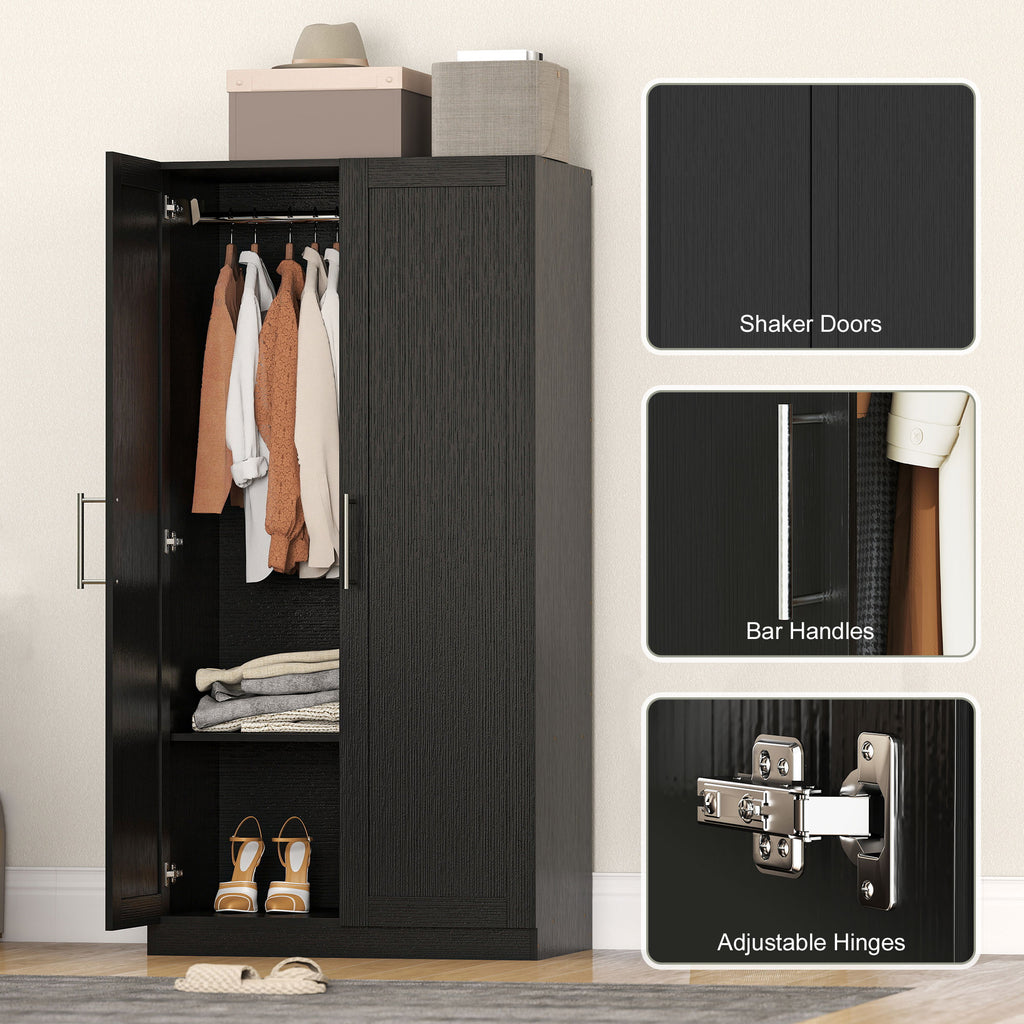 Black Wood-Effect Wardrobe | 63" Tall Armoire Closet with 2 Doors and Hanging Rod