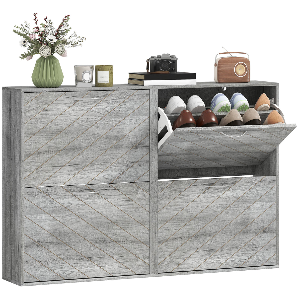 Grey Shoe Storage Cabinet | 45.5" Wide Entryway Cabinet with 4 Flip Drawers