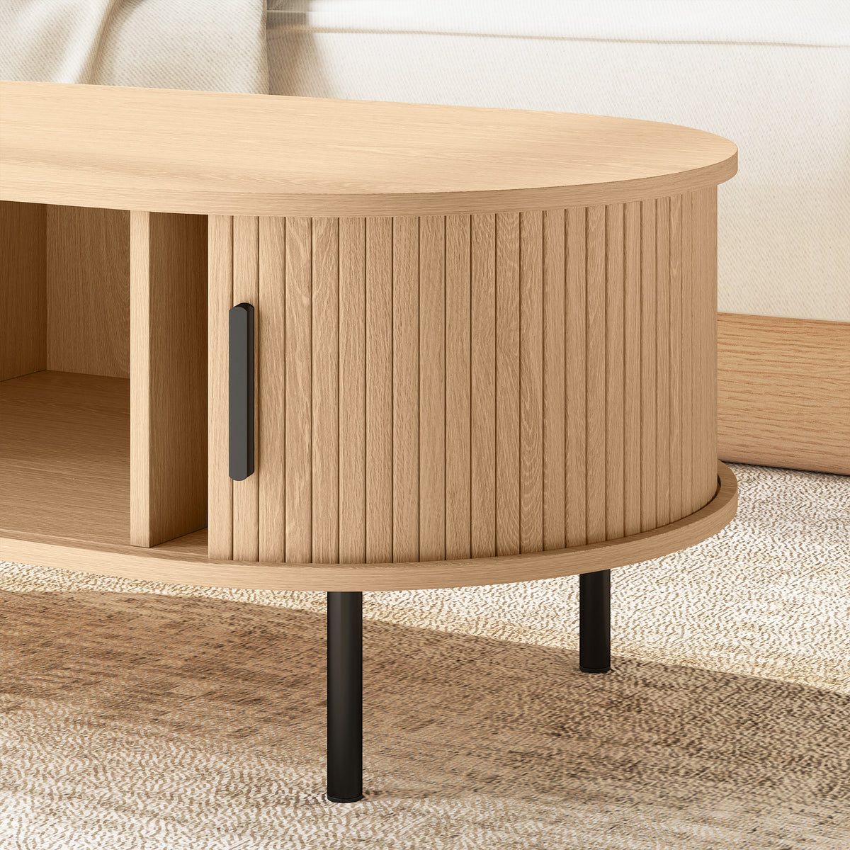 Natural Wood Coffee Table with Sliding Tambour Doors - detail view 3