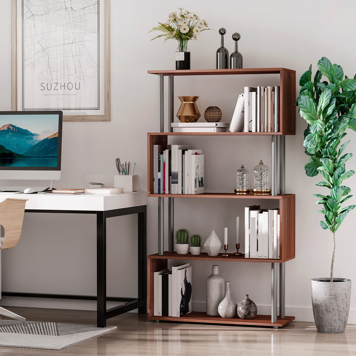 Walnut S-Shaped Wooden Bookcase - front view