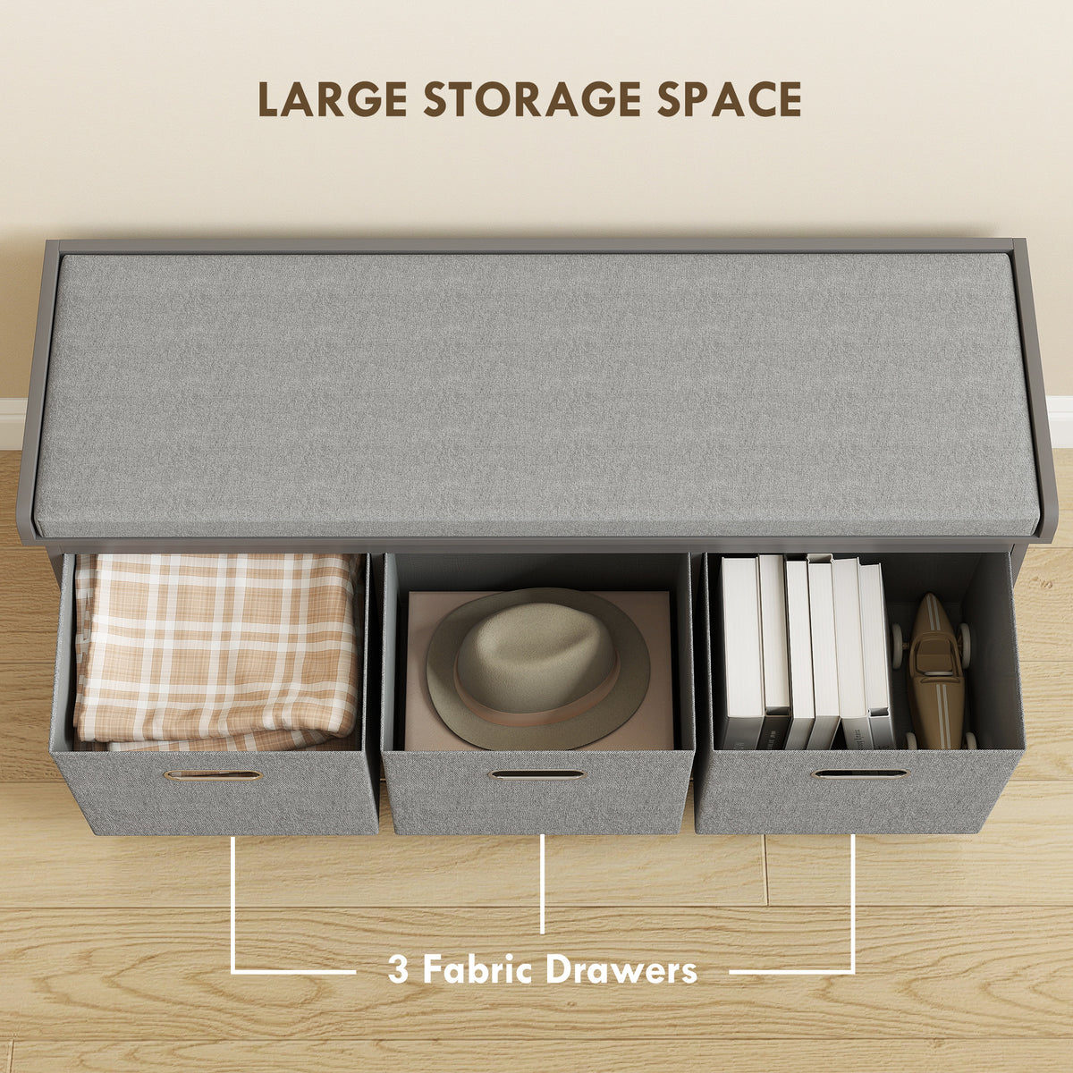 Dark Grey Shoe Storage Bench | 41.3" Entryway Bench with Cushion and Fabric Drawers