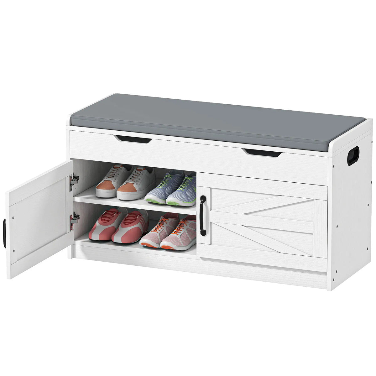 White Shoe Storage Bench | 2-Cabinet Farmhouse Bench with Cushion