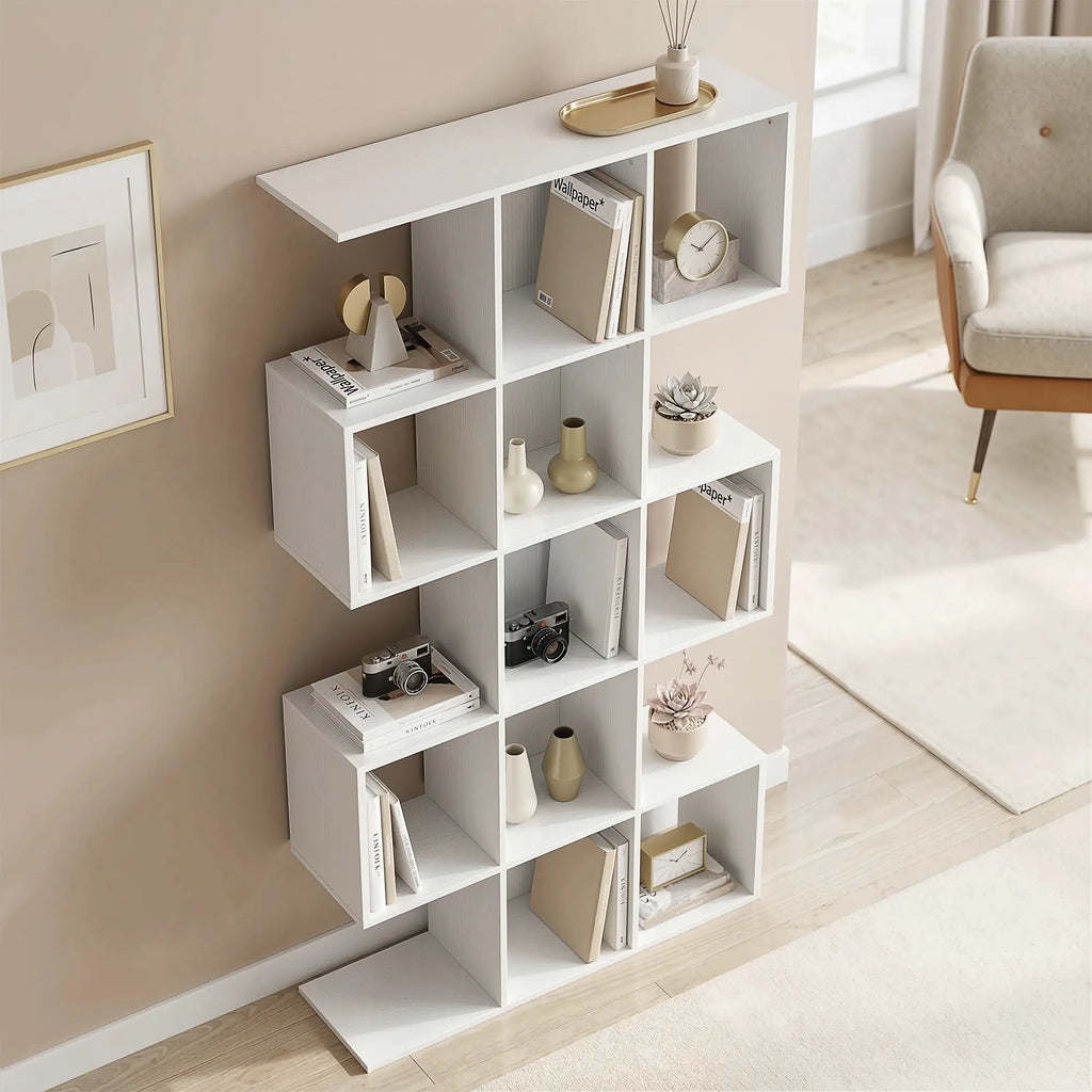 White Geometric Bookshelf | Multi-Level Open Storage Shelf
