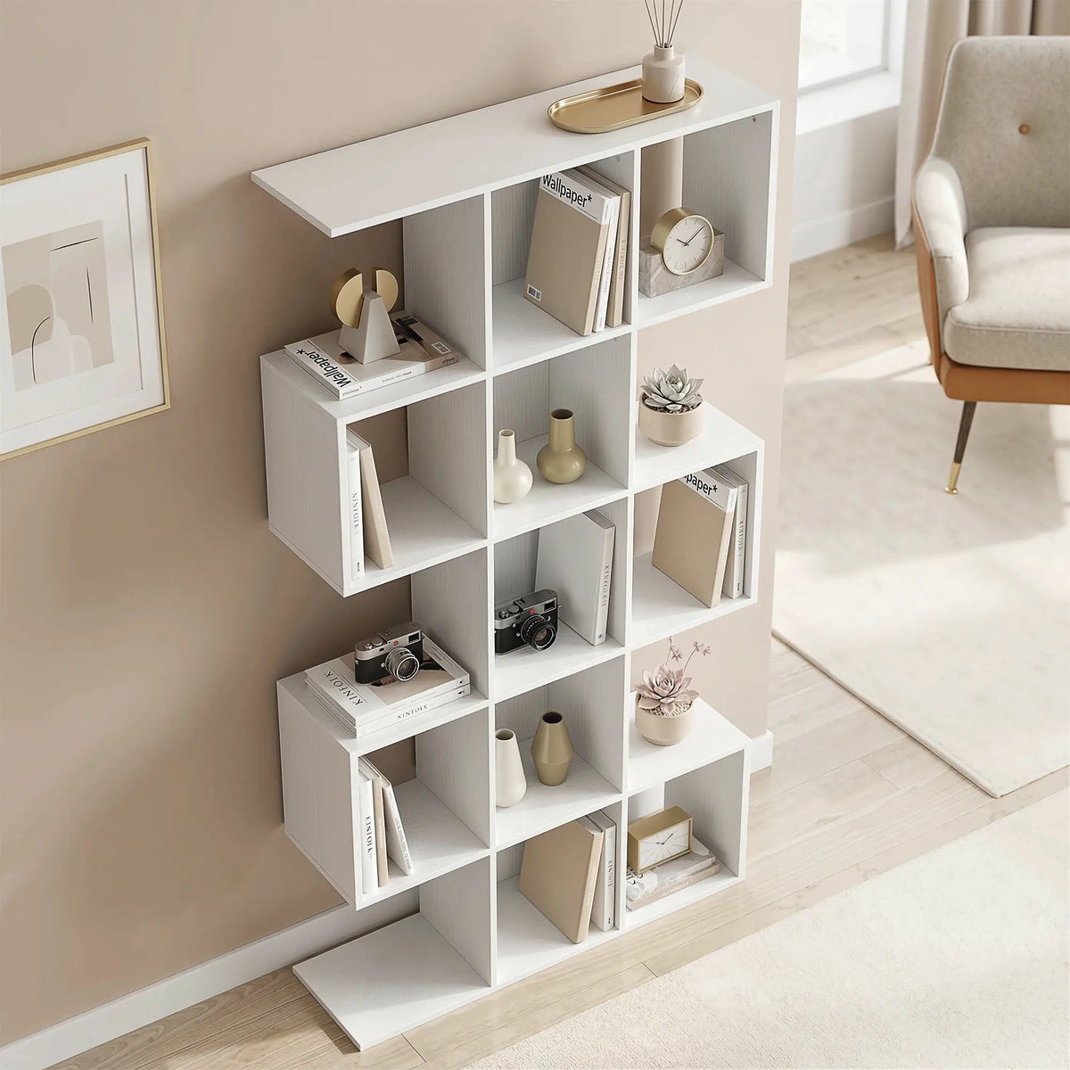 White Geometric Bookshelf | Multi-Level Open Storage Shelf