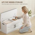 White Shoe Storage Bench | 2-Cabinet Farmhouse Bench with Cushion