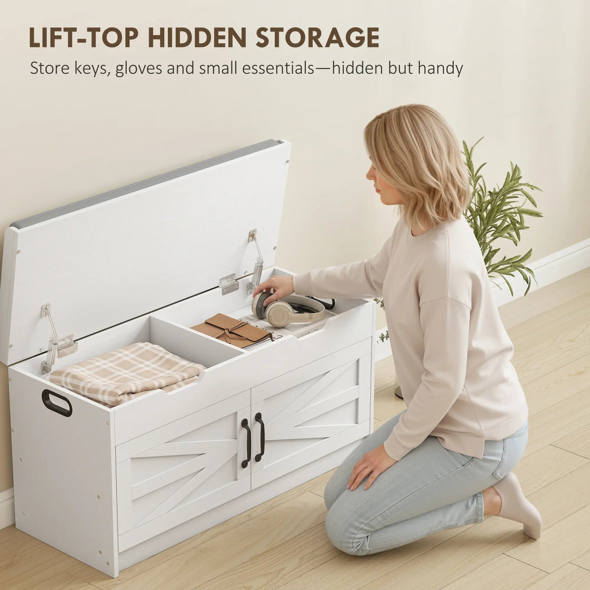 White Shoe Storage Bench | 2-Cabinet Farmhouse Bench with Cushion