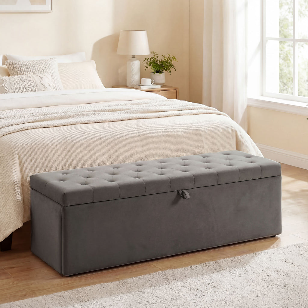 Grey Storage Ottoman | Large Tufted Bedroom Storage Bench