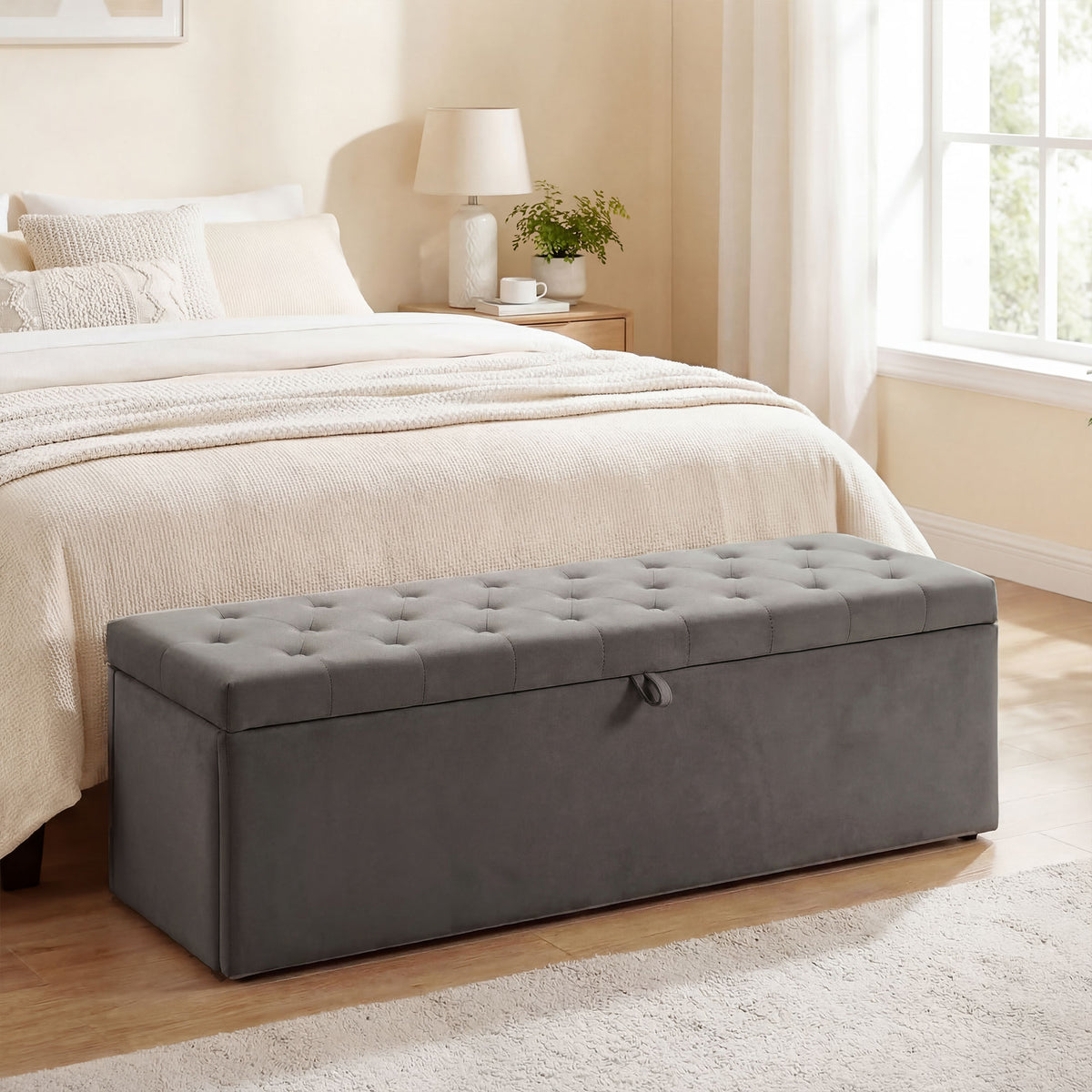 Grey Storage Ottoman | Large Tufted Bedroom Storage Bench