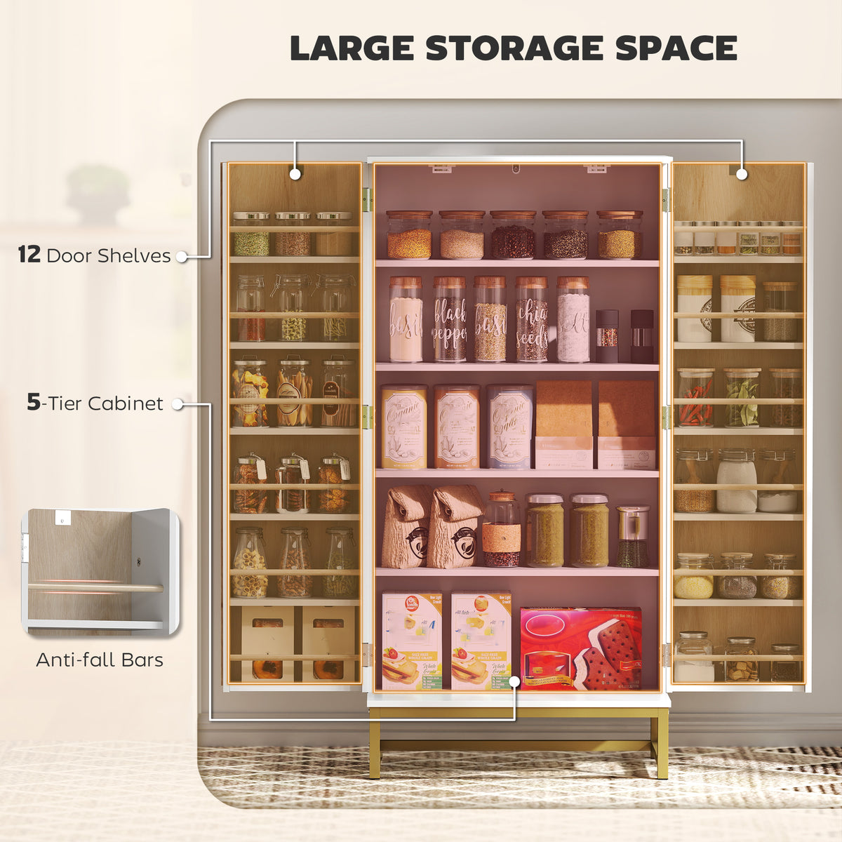 White Kitchen Pantry Cabinet | 47" Freestanding Storage Cabinet with 12 Door Shelves