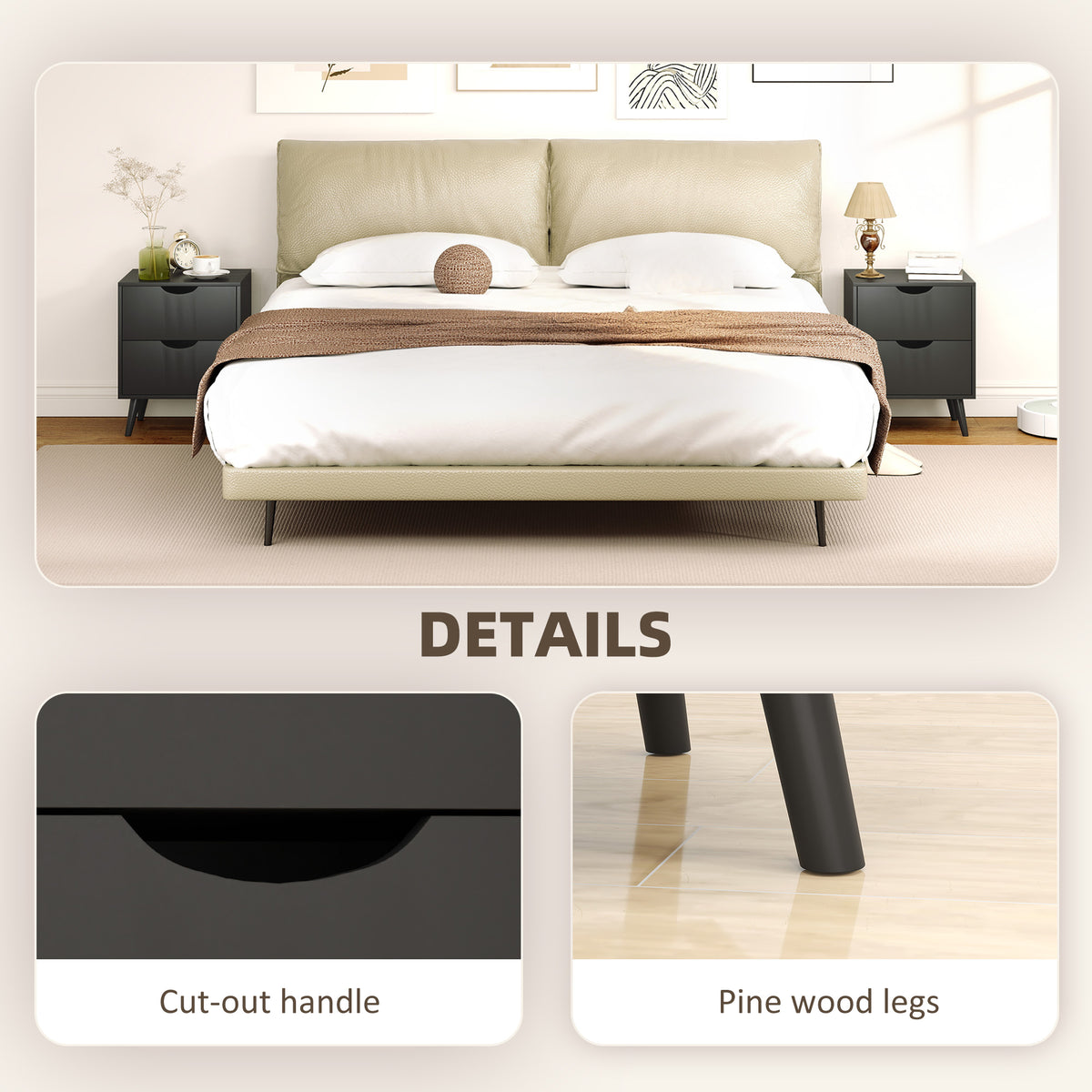 Black Nightstand Set of 2 | 19.9" Bedside Tables with Pine Wood Legs