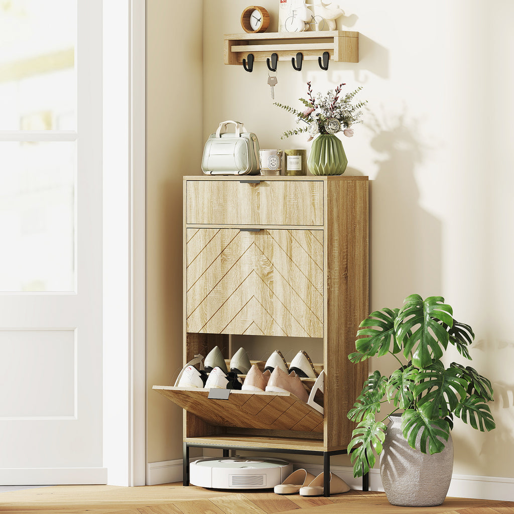 Oak Narrow Shoe Storage Cabinet | 41.5" Entryway Cabinet with Flip Drawers, Holds 8 Pairs