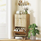 Oak Narrow Shoe Storage Cabinet | 41.5" Entryway Cabinet with Flip Drawers, Holds 8 Pairs