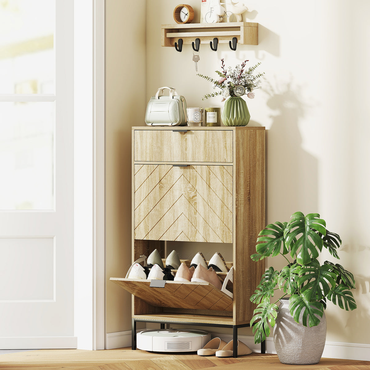 Oak Narrow Shoe Storage Cabinet | 41.5" Entryway Cabinet with Flip Drawers, Holds 8 Pairs