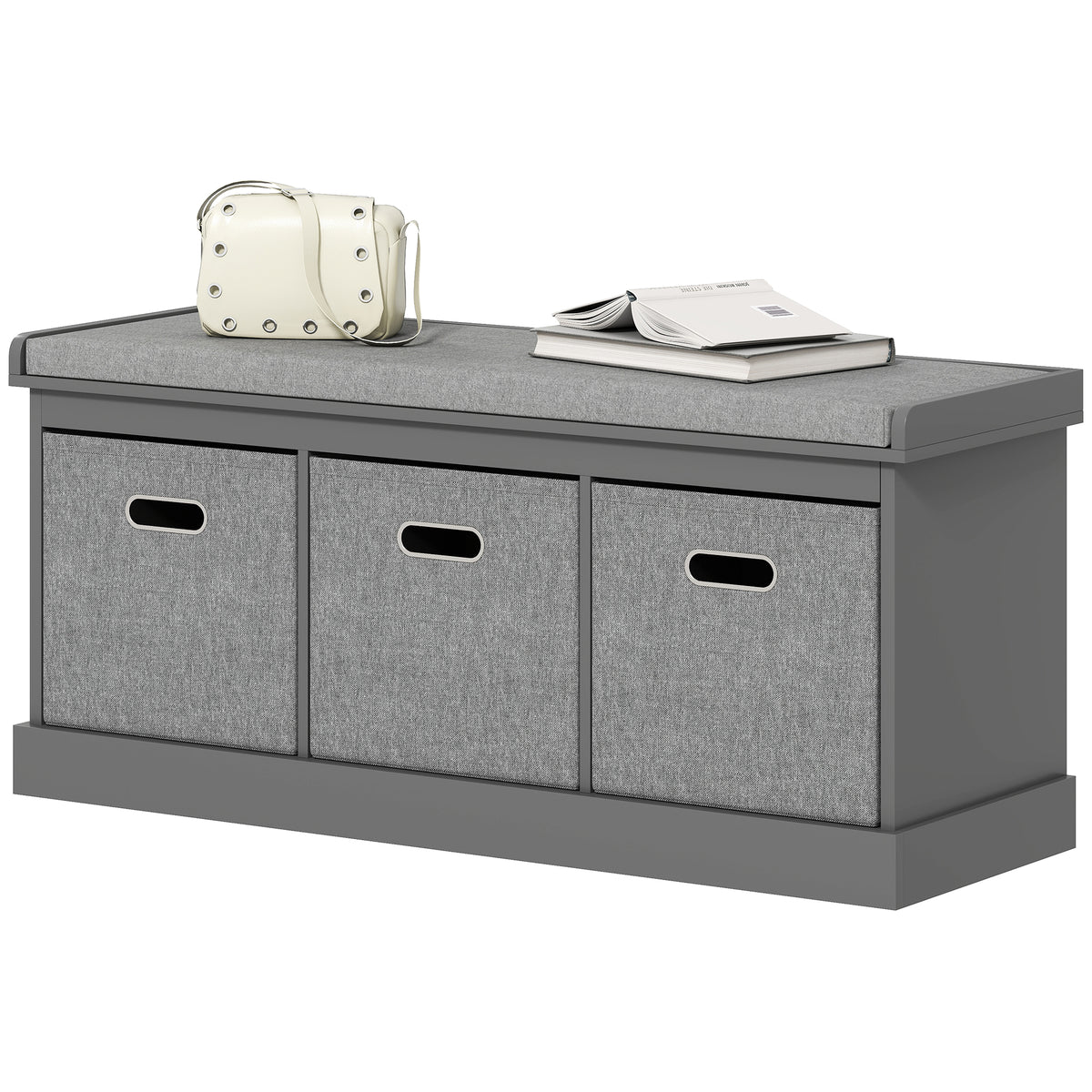 Dark Grey Shoe Storage Bench | 41.3" Entryway Bench with Cushion and Fabric Drawers