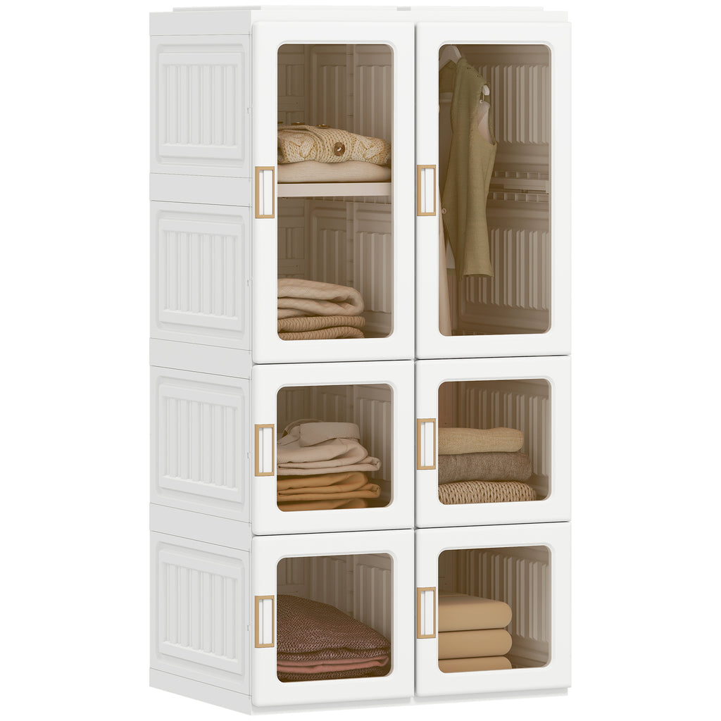White Portable Wardrobe | 53.5" Foldable Plastic Closet with 5 Compartments and Hanging Rod