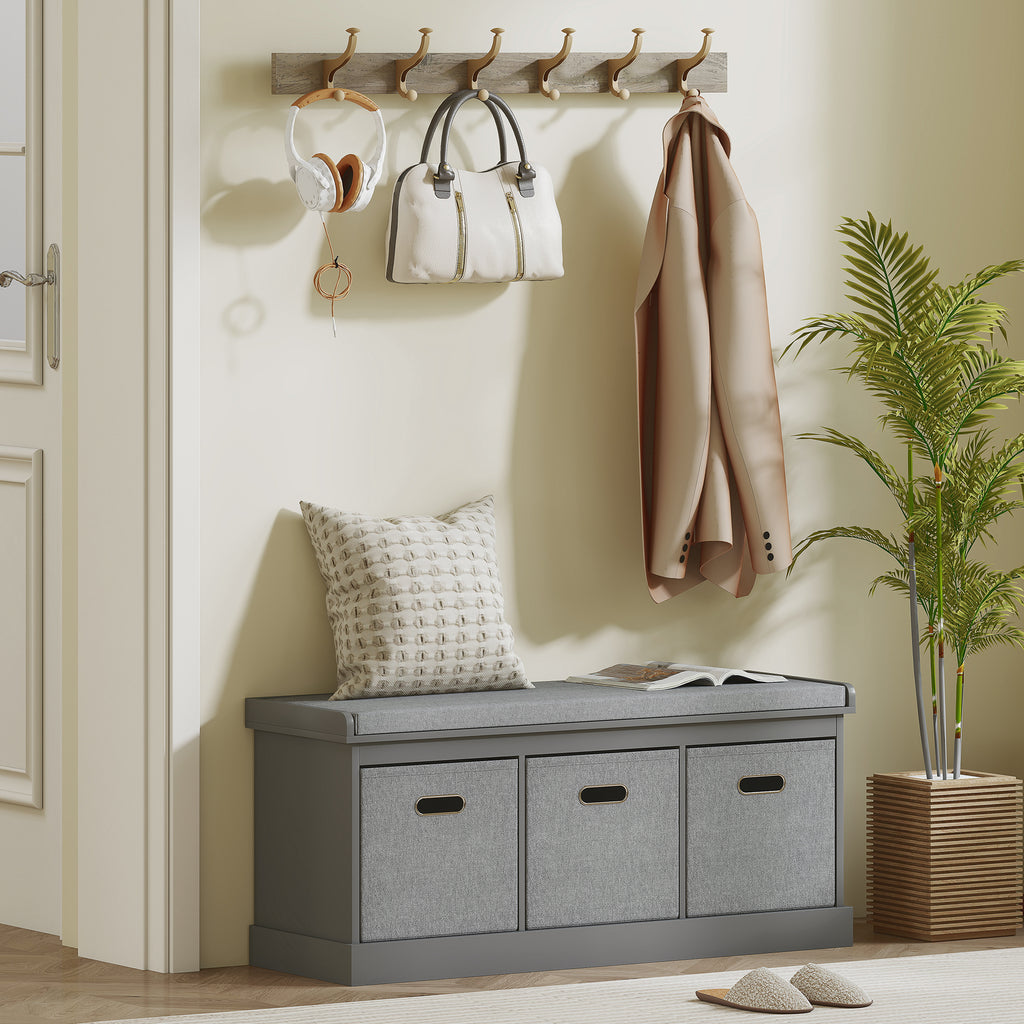 Dark Grey Shoe Storage Bench | 41.3" Entryway Bench with Cushion and Fabric Drawers