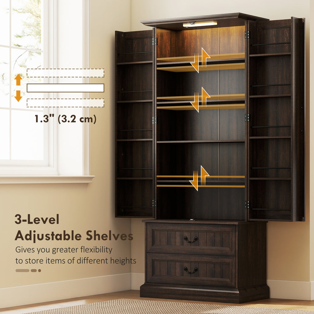 Brown 72" LED Kitchen Pantry Cabinet | Buffet Storage with 10 Door Shelves
