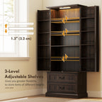 Brown 72" LED Kitchen Pantry Cabinet | Buffet Storage with 10 Door Shelves