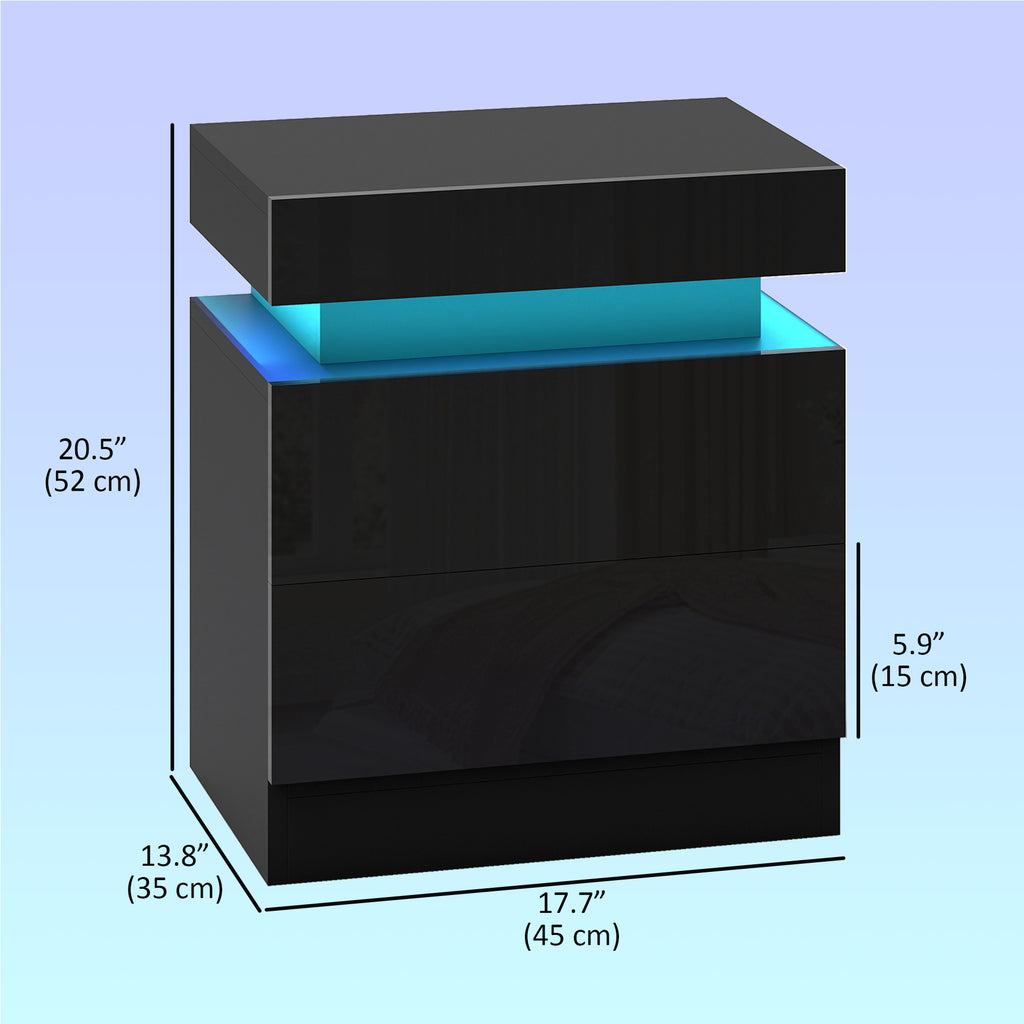 Black Nightstand Set of 2 | 20.5" LED Bedside Tables with Drawers