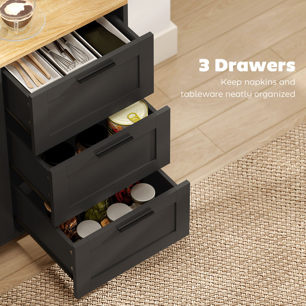 Black Modern Buffet Sideboard | 47.2" Wide Cabinet with Soft-Close Doors and 3 Drawers