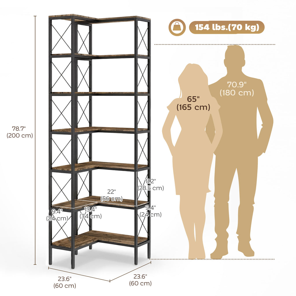 Rustic Brown L-Shaped Corner Bookshelf - corner placement view