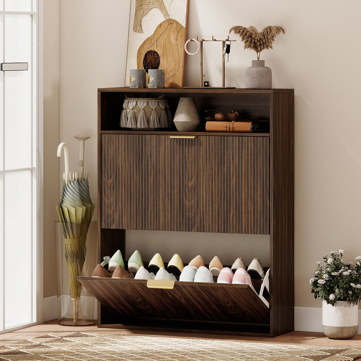 Walnut Shoe Cabinet | 12-16 Pair Entryway Storage with Shelf